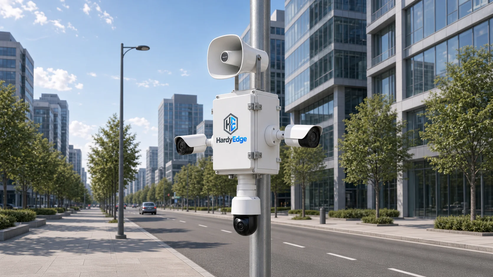 HardyEdge camera box overlooking a city street; approved concept visualization
